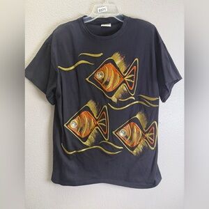 Vintage Fast One Size Black Pullover T-Shirt Fish Print Short Sleeve Crew Neck